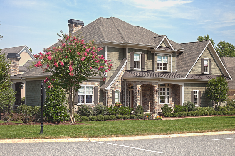 Home exterior, tidy landscaping